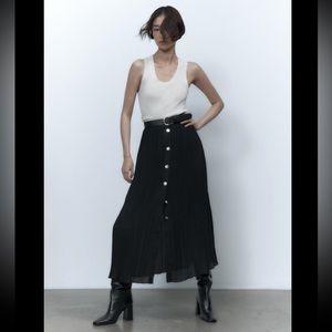 Zara Black Pleated Gold Button Belted Skirt